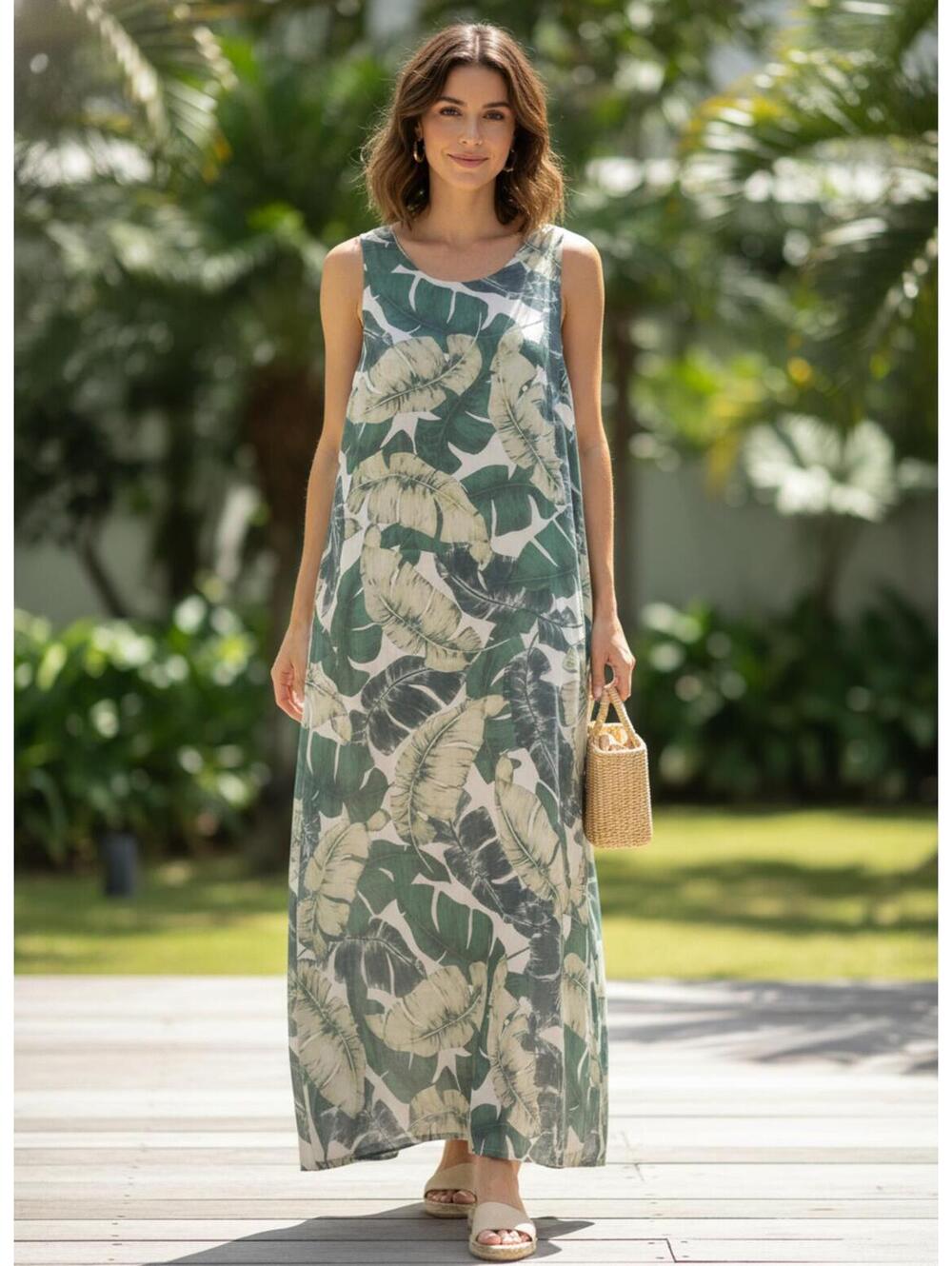 Sleeveless Maxi Dress with Green and Beige Leaf Print xl